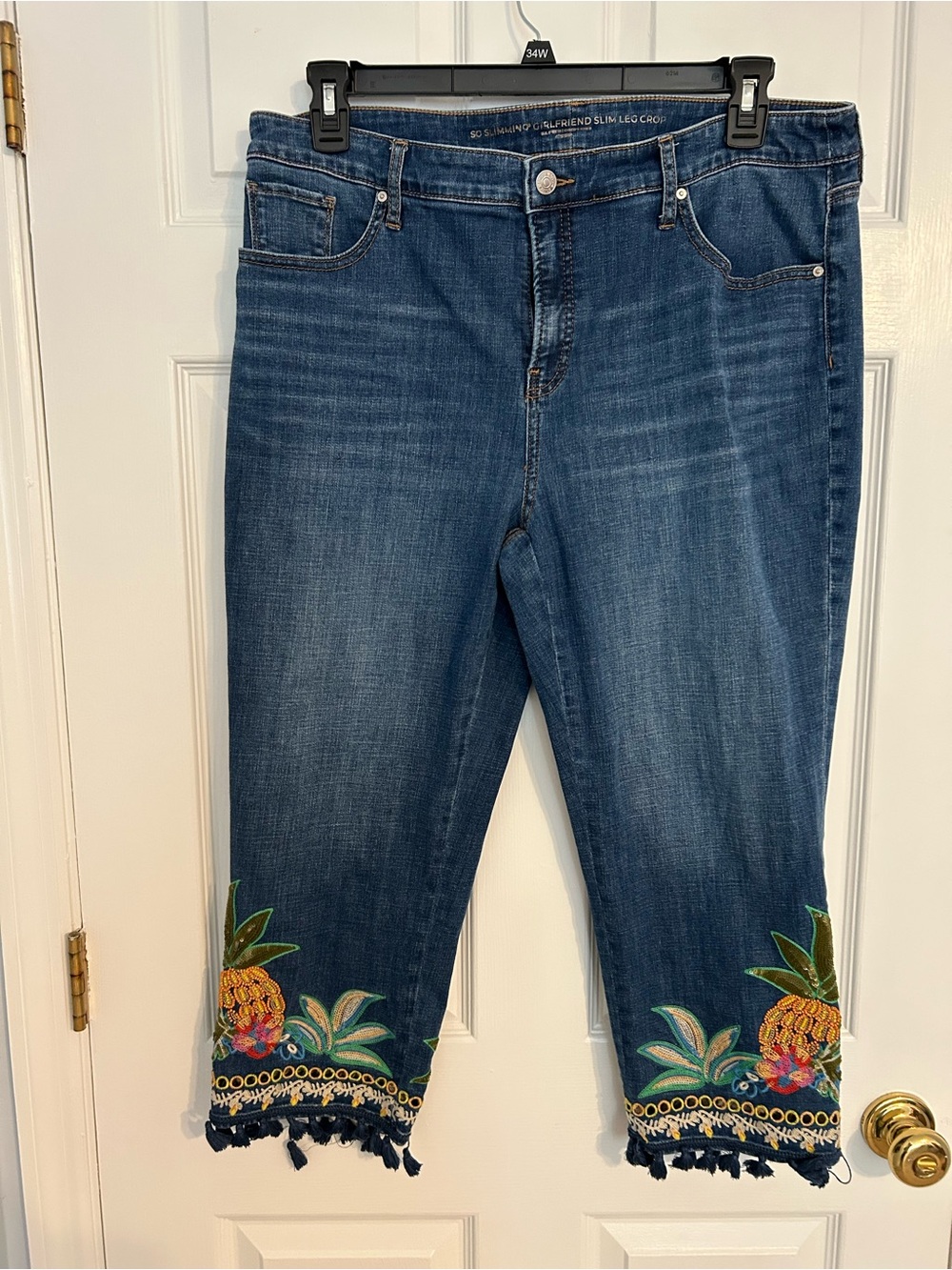 Chico's Dark Blue Cropped Jeans with Pineapple Embroidery